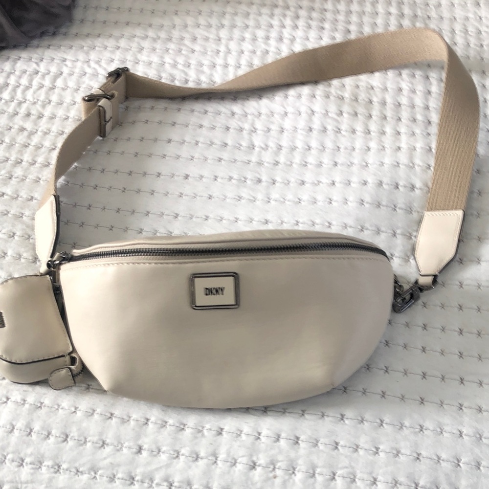 DKNY Cream Leather Crossbody Belt Bag with Canvas Strap